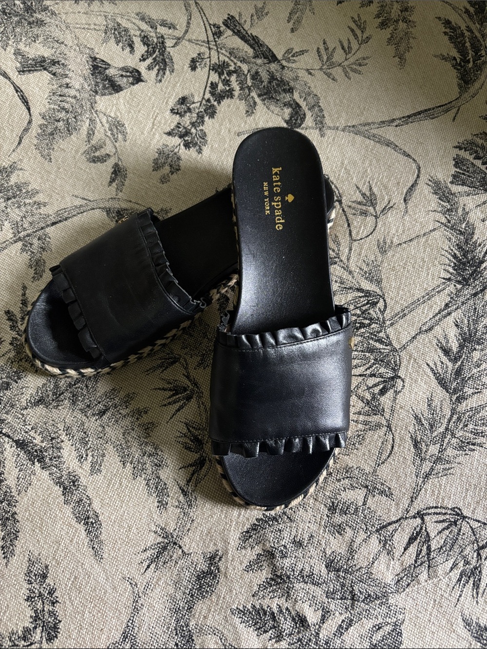 kate spade Black Leather Ruffle Slide Mules new no tag